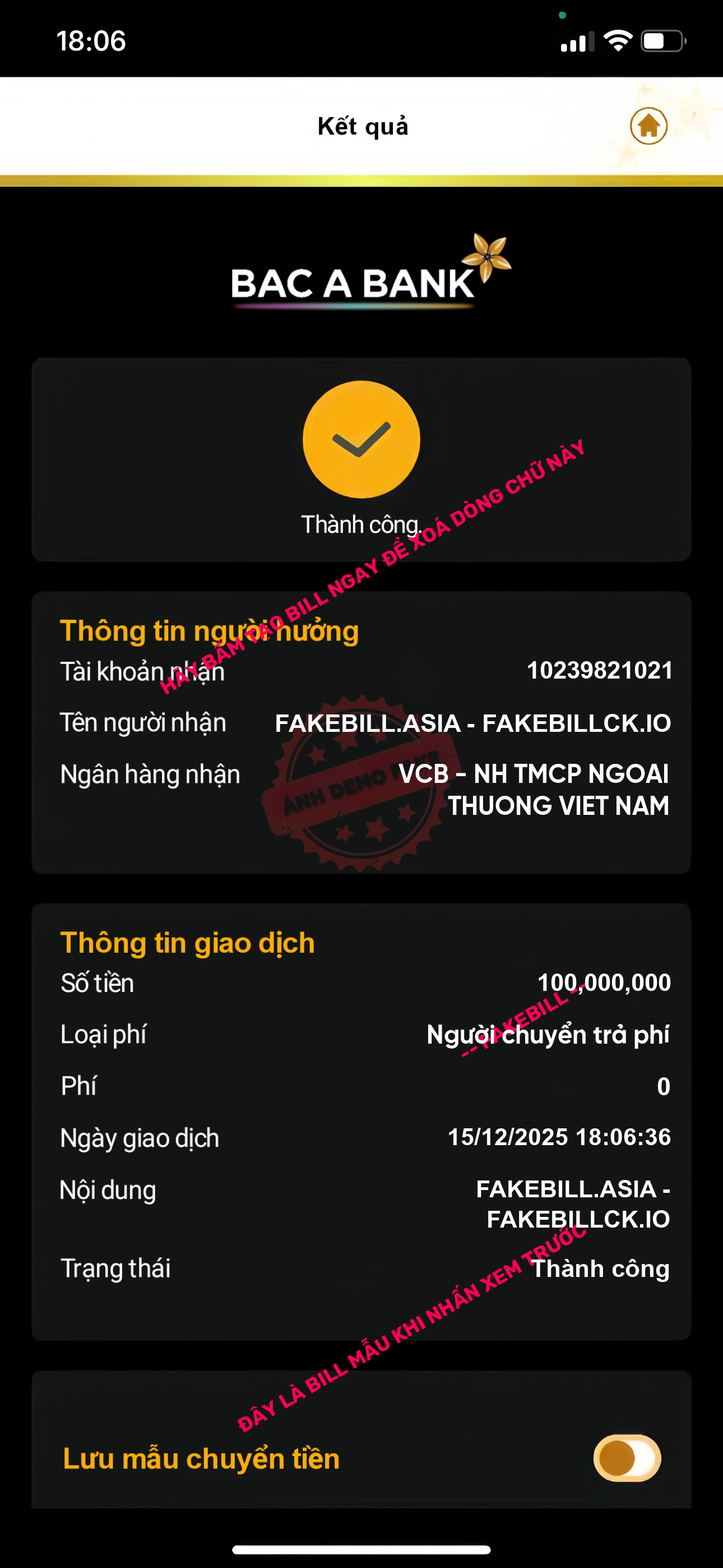 Fake bill Bac A Bank giả