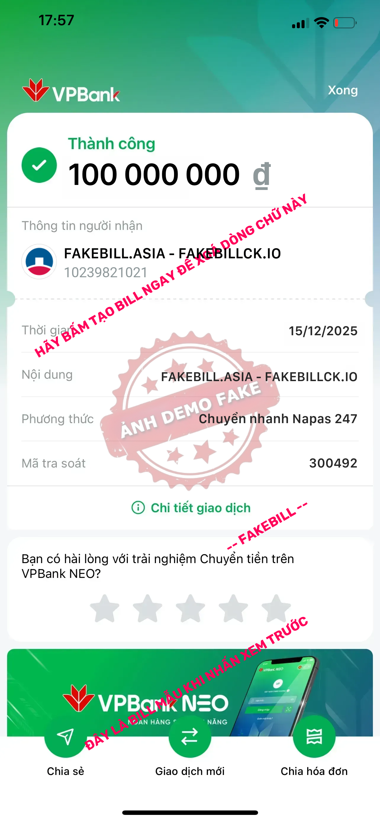 Fake bill VPBank giả